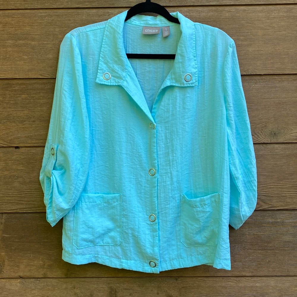 Chico's Turquoise Snap Front Jacket with Roll Up Sleeves